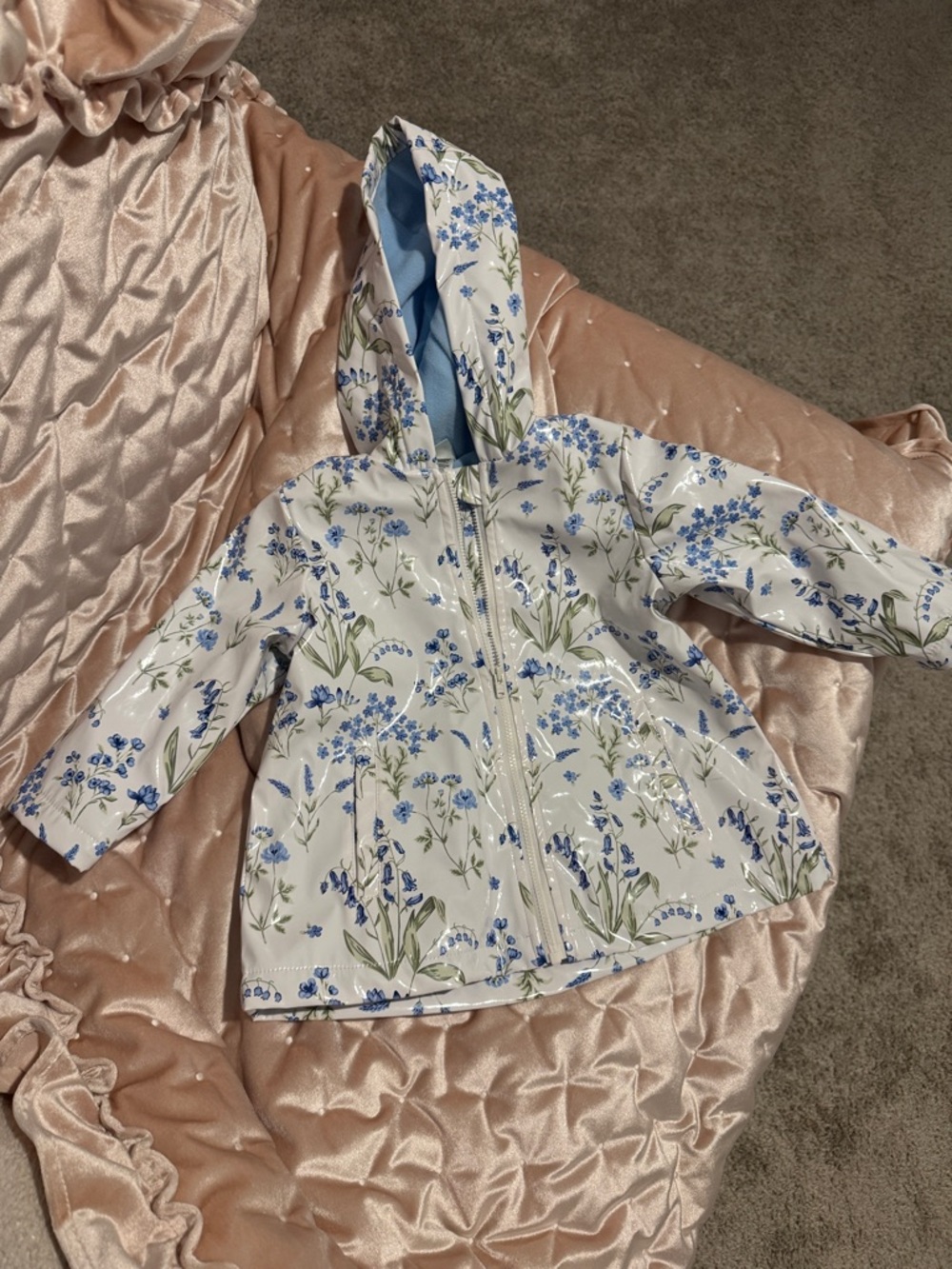 Little Me White Rain Jacket with Blue Floral Print